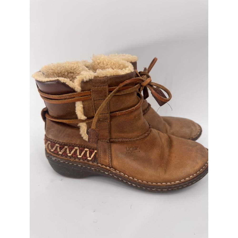 UGG Australia Sunburst Ankle Boots Women 8 Brown Leather Shearling Whipstitch